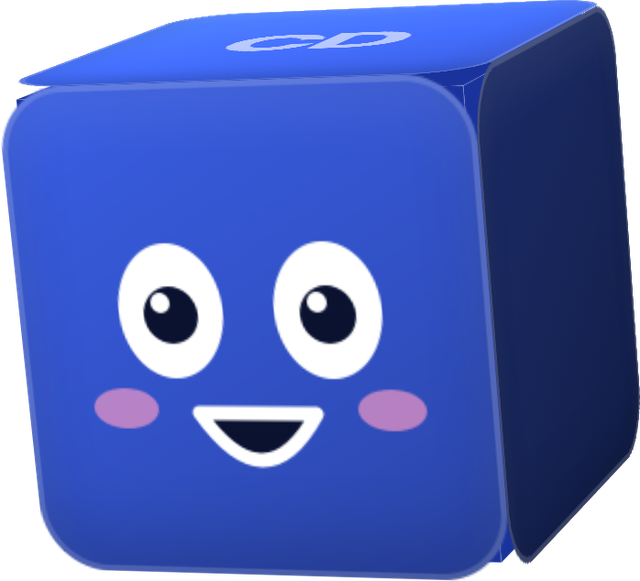 Mascote da Curadoria Digital, um cubo azul sorrindo